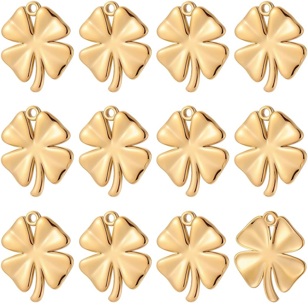 Beebeecraft 1 Box 12Pcs 14K Gold Plated Clover Charms St. Patrick's Day Shamrock 304 Stainless Steel Four Leaf Clover Charms for Jewelry Making DIY Crafts Pendants Necklaces Bracelets Earrings Gifts