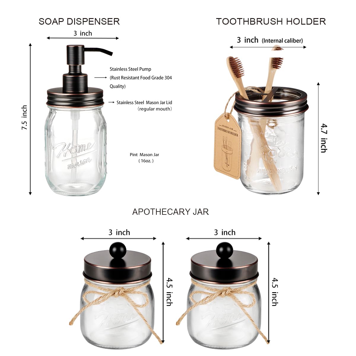 Mason Jar - Juego de accesorios de baño de 4 piezas, dispensador de jabón de loción y 2 soportes Qtip y soporte para cepillos de dientes, decoración rústica de granja, decoración del hogar de 7