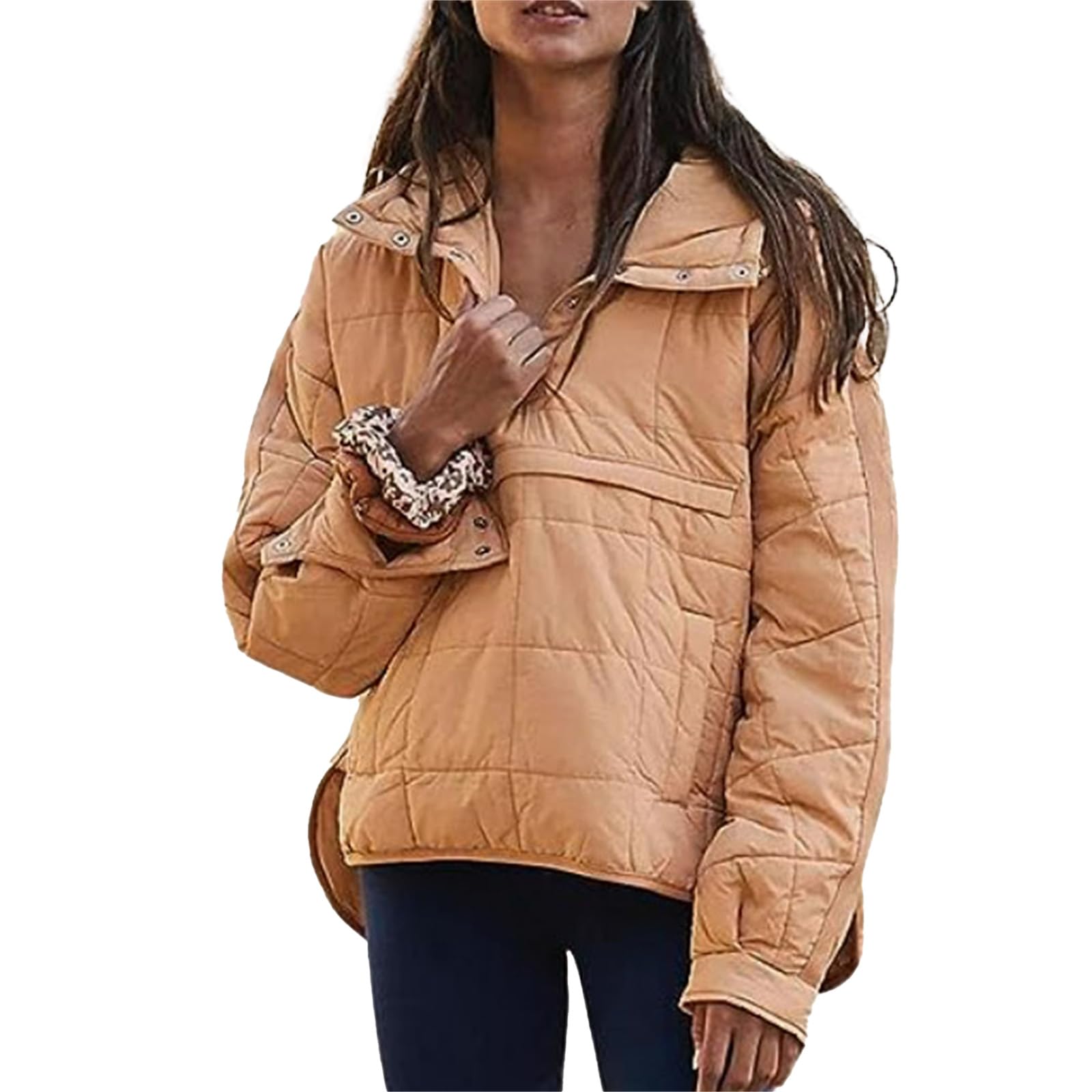 uSecee Women's Pullover Puffer Jacket Quilted Lightweight Oversized Winter Hooded Outwear Khaki