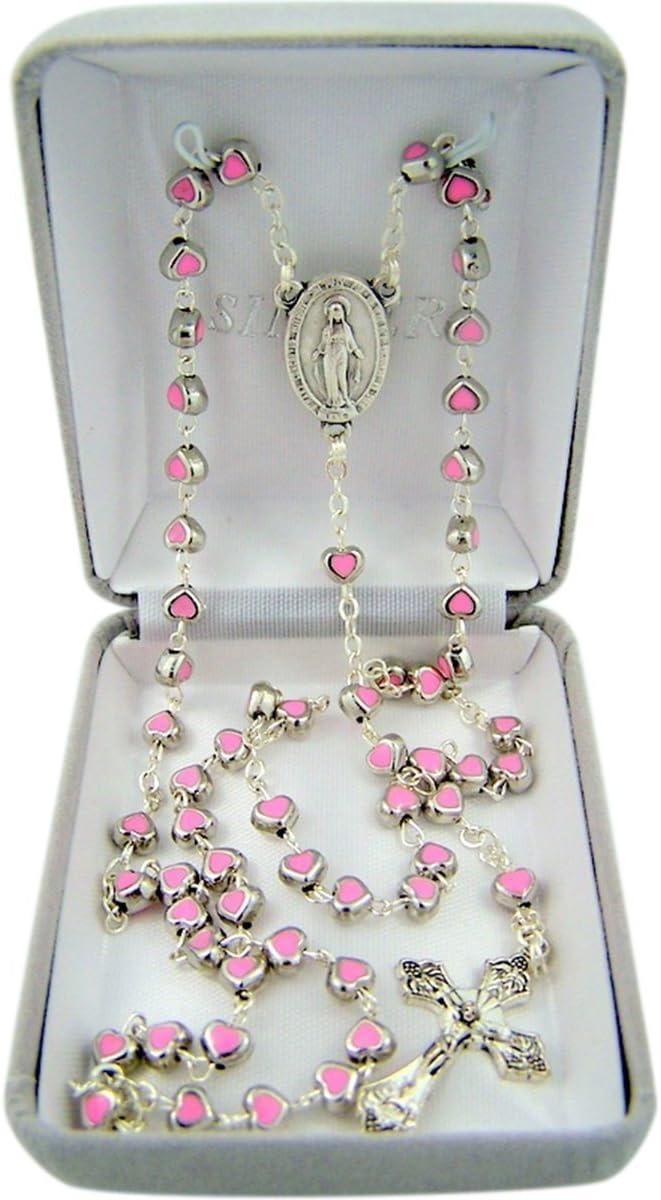 Catholic Silver Tone Pink Enamel Prayer Bead Rosary Necklace with Miraculous Medal Centerpiece, 19 Inch