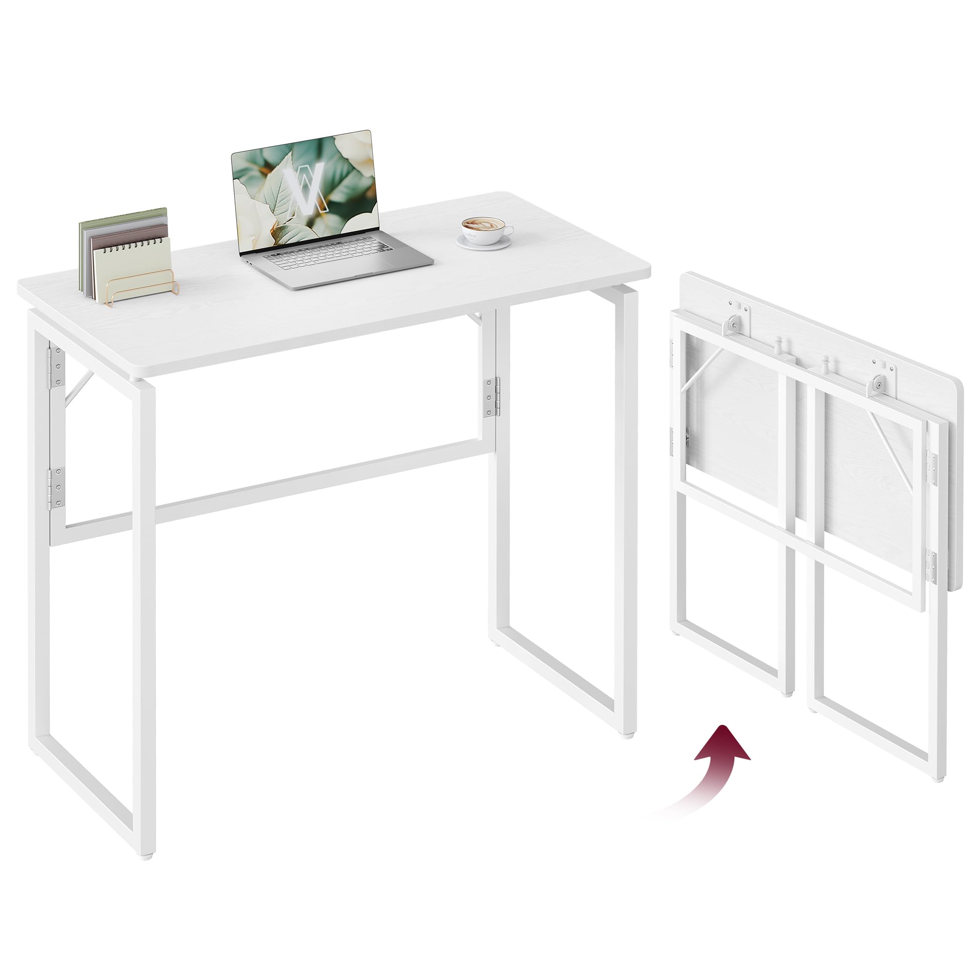 VASAGLE Mesa Plegable, Escritorio Plegable, Tablero de una Pieza, Bordes Redondeados, para Dormitorio, Balcón o Camping, Fácil Montaje, 80 x 40 cm, Blanco Arce LWD151WF01