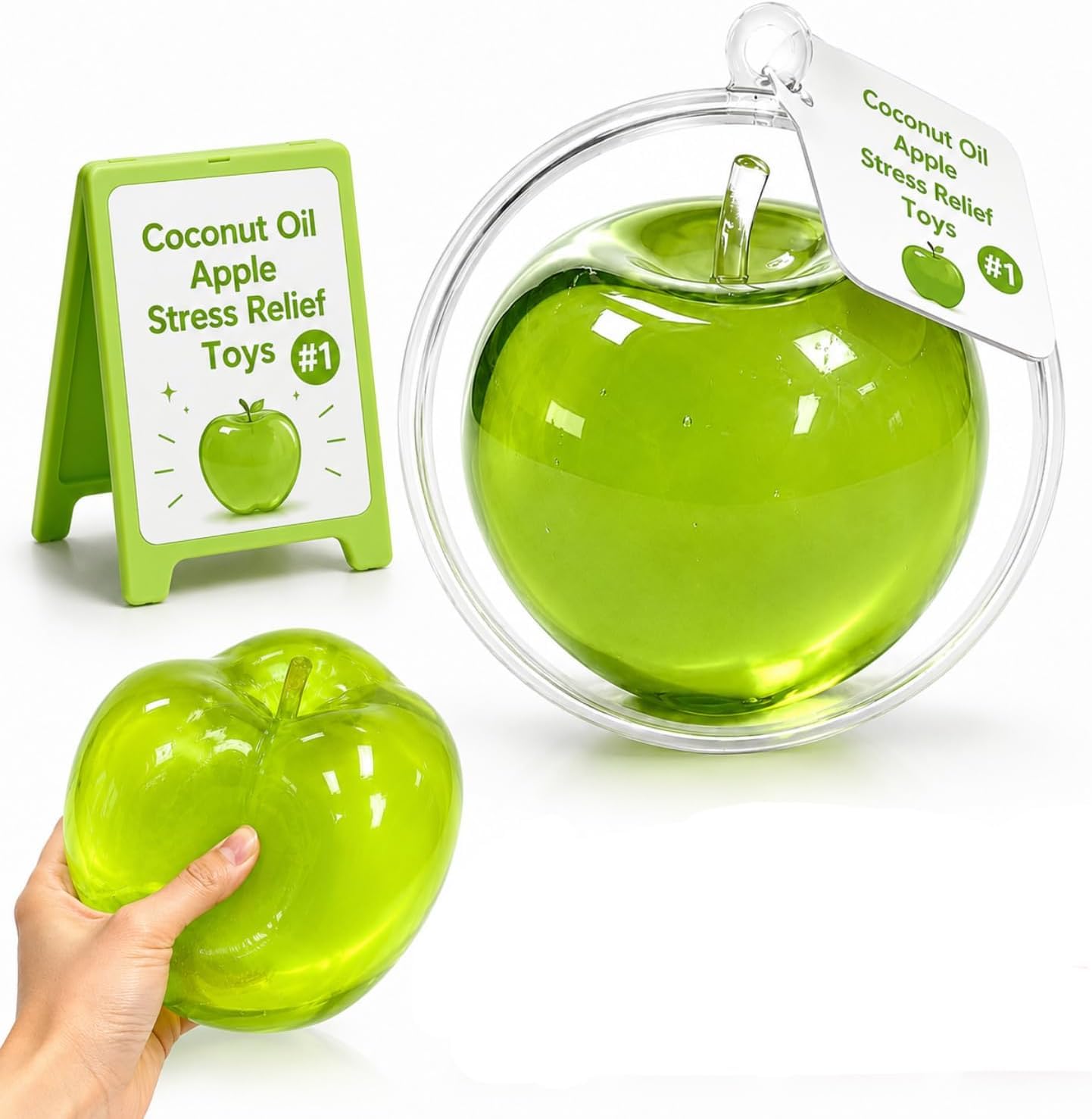 Coconut Oil Apple Squishy, 3.15in Clear Cute Apple Stress Balls, Zero Bounce Back Realistic Sensory Squeeze for Anxiety Management Party Favors (Big Apple-green)
