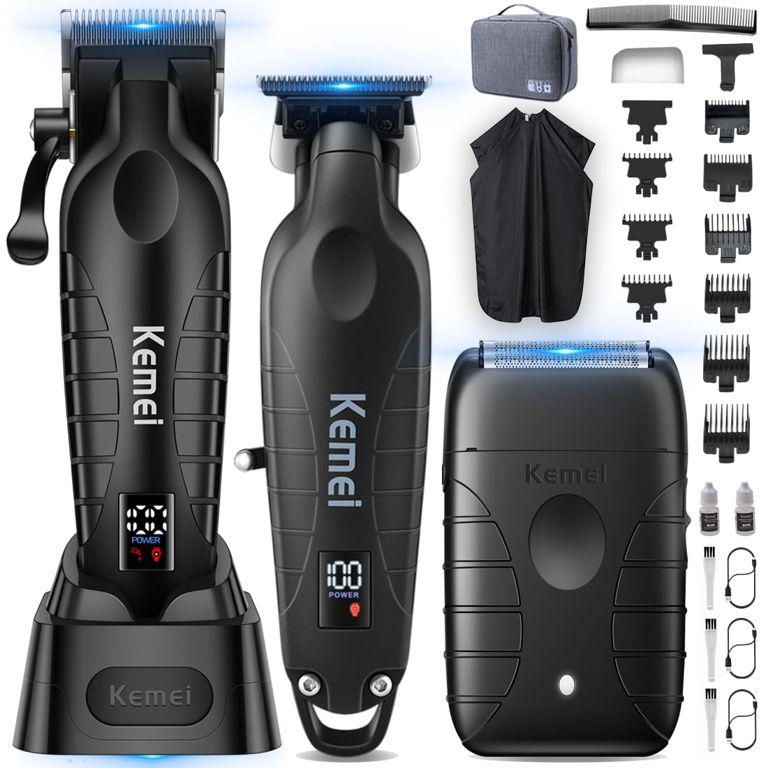 KEMEI 3 in 1 Kabelloser Haarschneider, Hair Trimmer & Folienrasierer Herren | Barber Set mit LED-Display, 8000RPM Motor & USB/Dock-Ladung(Schwarz)