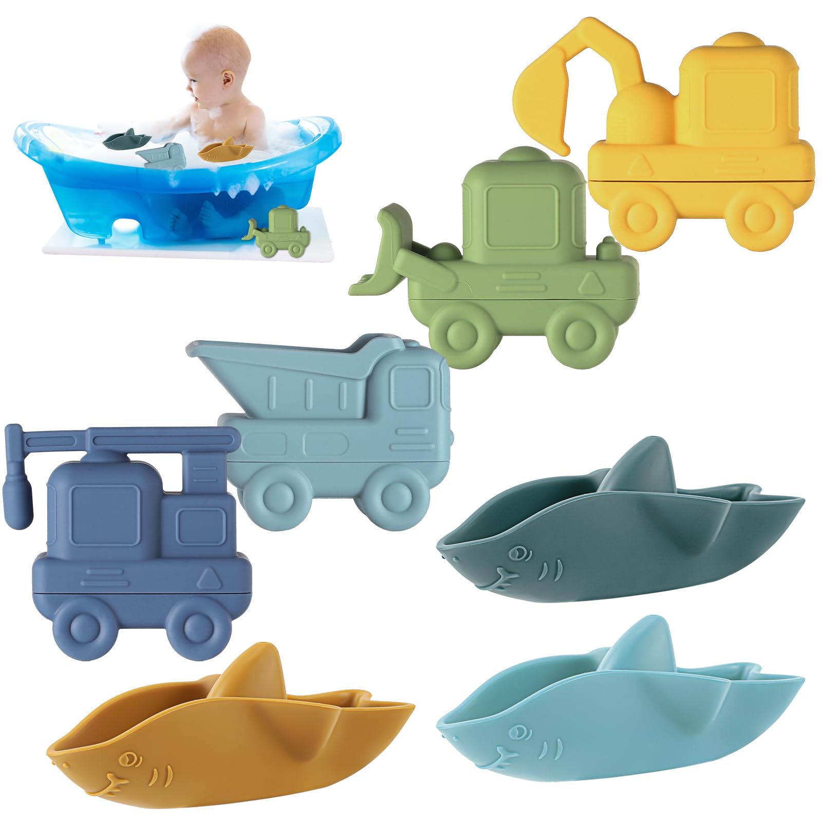 Juego de 7 Juguetes de baño para bebés, Coches y Tiburones | Silicona suave, fácil de limpiar, para bañera, piscina y playa, regalo para niños de 1+ años