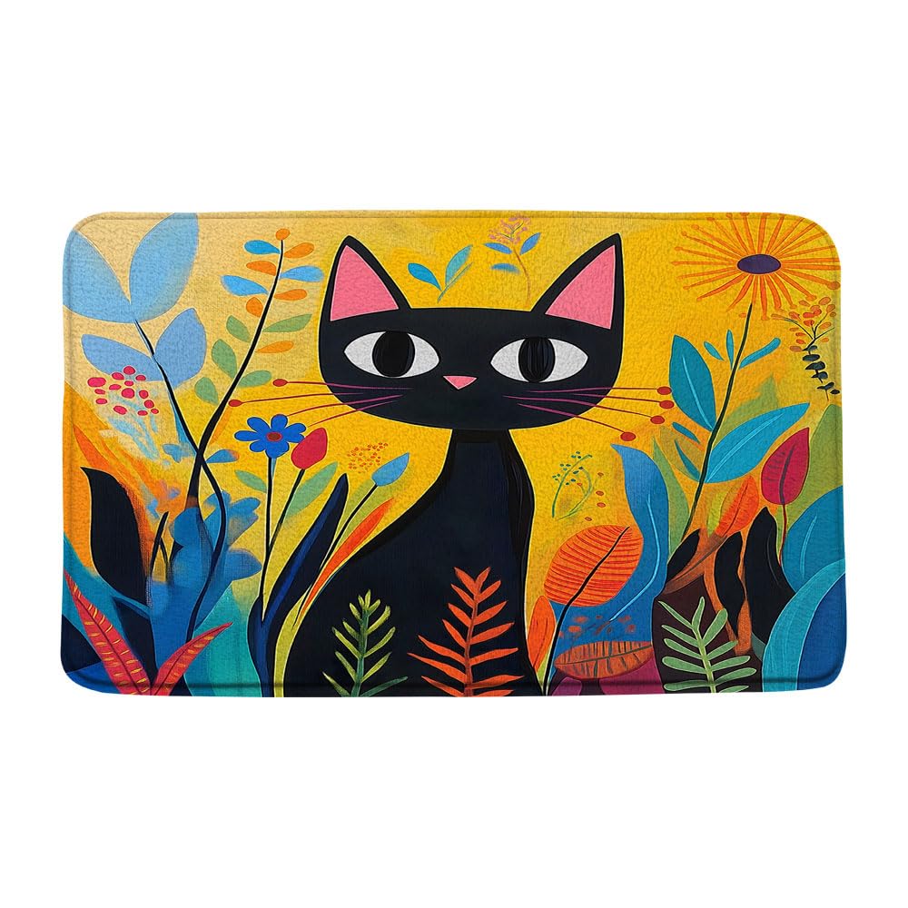 VPUPCN Mid Century Modern Bath Mat Retro Black Cat Kitten Boho Floral Plant Abstract 1950s 1960s Microfiber Memory Foam Bathroom Rug Doormat Kitchen