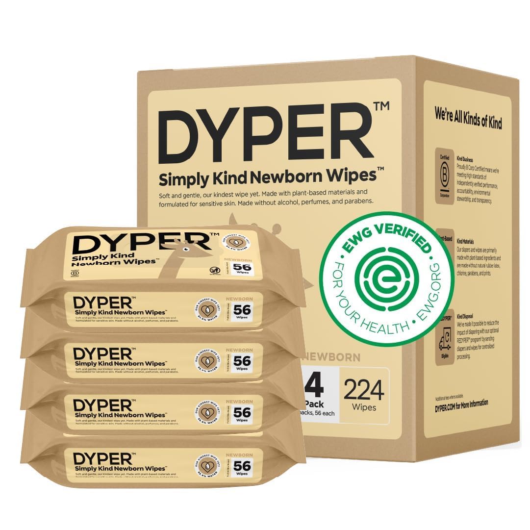 DYPER Plastic-Free Newborn Baby Wipes | 99.9% Water Baby Wipes | 100% Plant-Based | Unscented, Soft, & Hypoallergenic for Sensitive Newborn Skin | EWG Verified | Honest Ingredients | 4 Pack, 224 Wipes