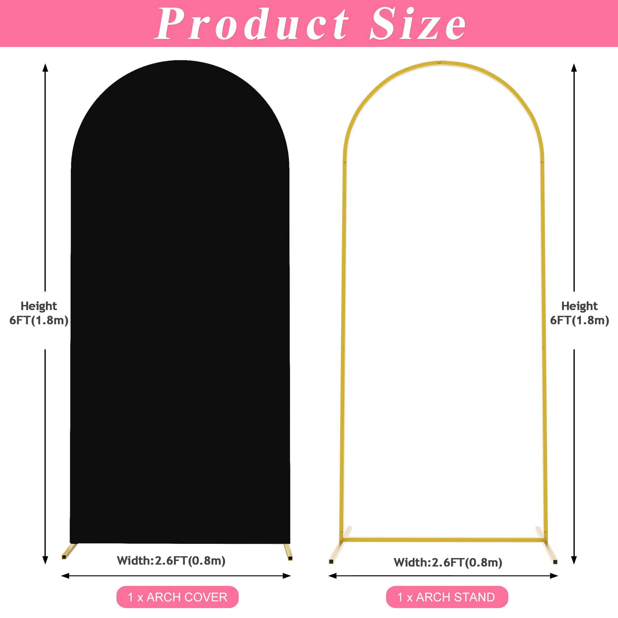Putros 6ft Metal Arch Stand with Cover Black Spandex Fitted Wedding Arch Cover and Round Top Chiara Backdrop Stand Set for Birthday Party Baby Shower Decoration