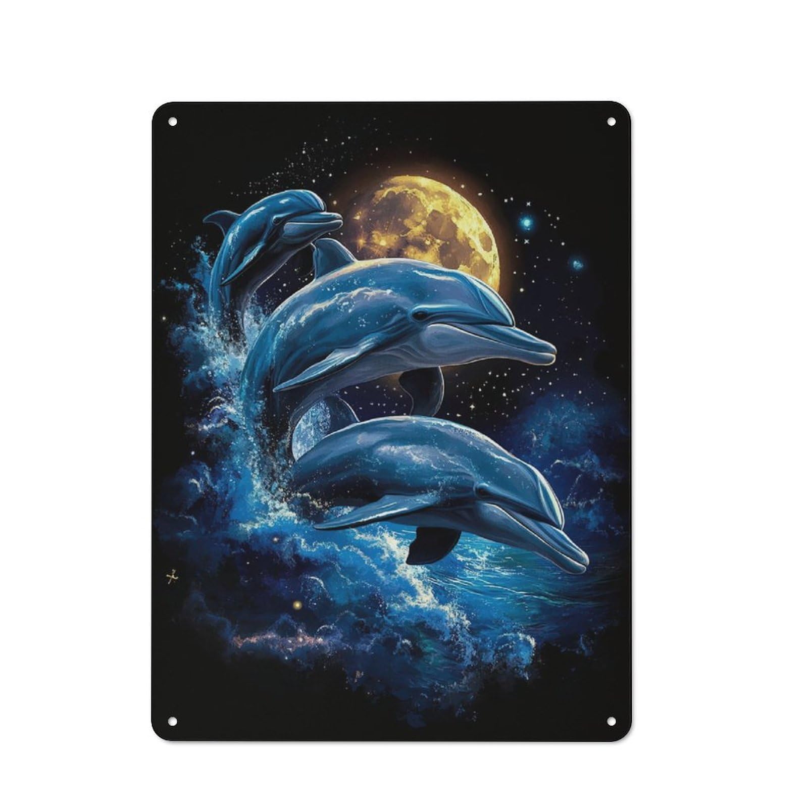 Cottage Tin Sign 40x30cm Featuring Dolphins Under The Moon, Porch Wall Decor for Shed, Garden Room, Porch Or Garage