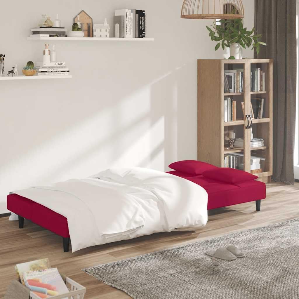 Sofá cama de 2 plazas con marco de madera y 2 cojines de terciopelo rojo vino para salón o habitación de invitados como cómodo asiento y dormitorio
