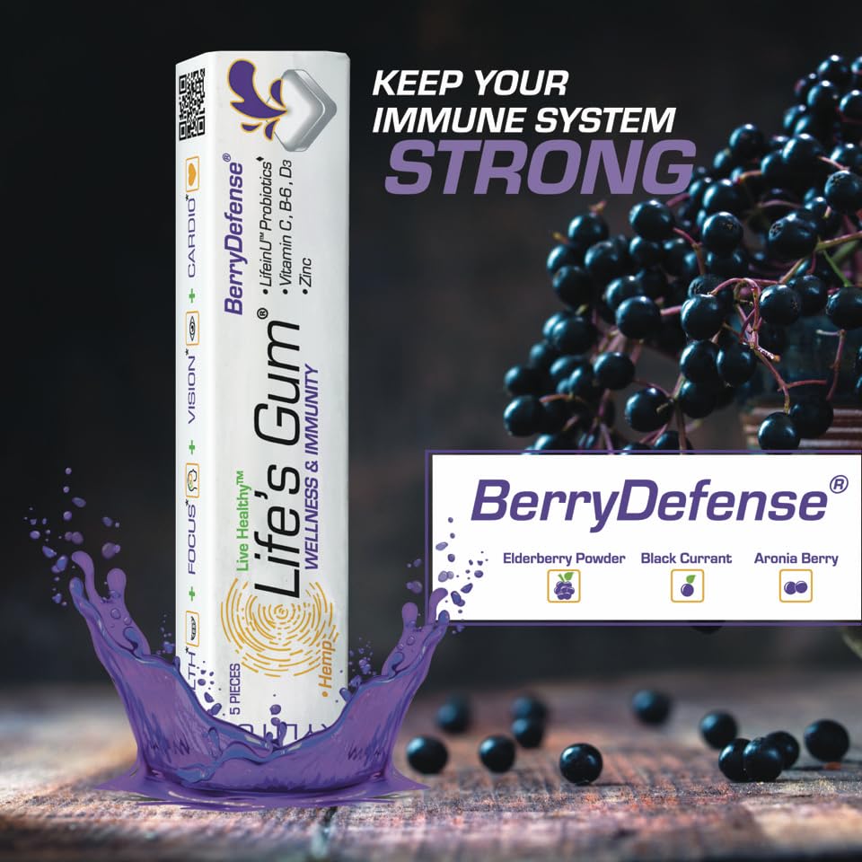 Miniatura 5 de Life's Gum BerryDefense Wellness & Immunity Gum con saúco, contiene aceite de semilla de cáñamo, vitamina C, B6, D3, zinc y probióticos, 5 piezas de