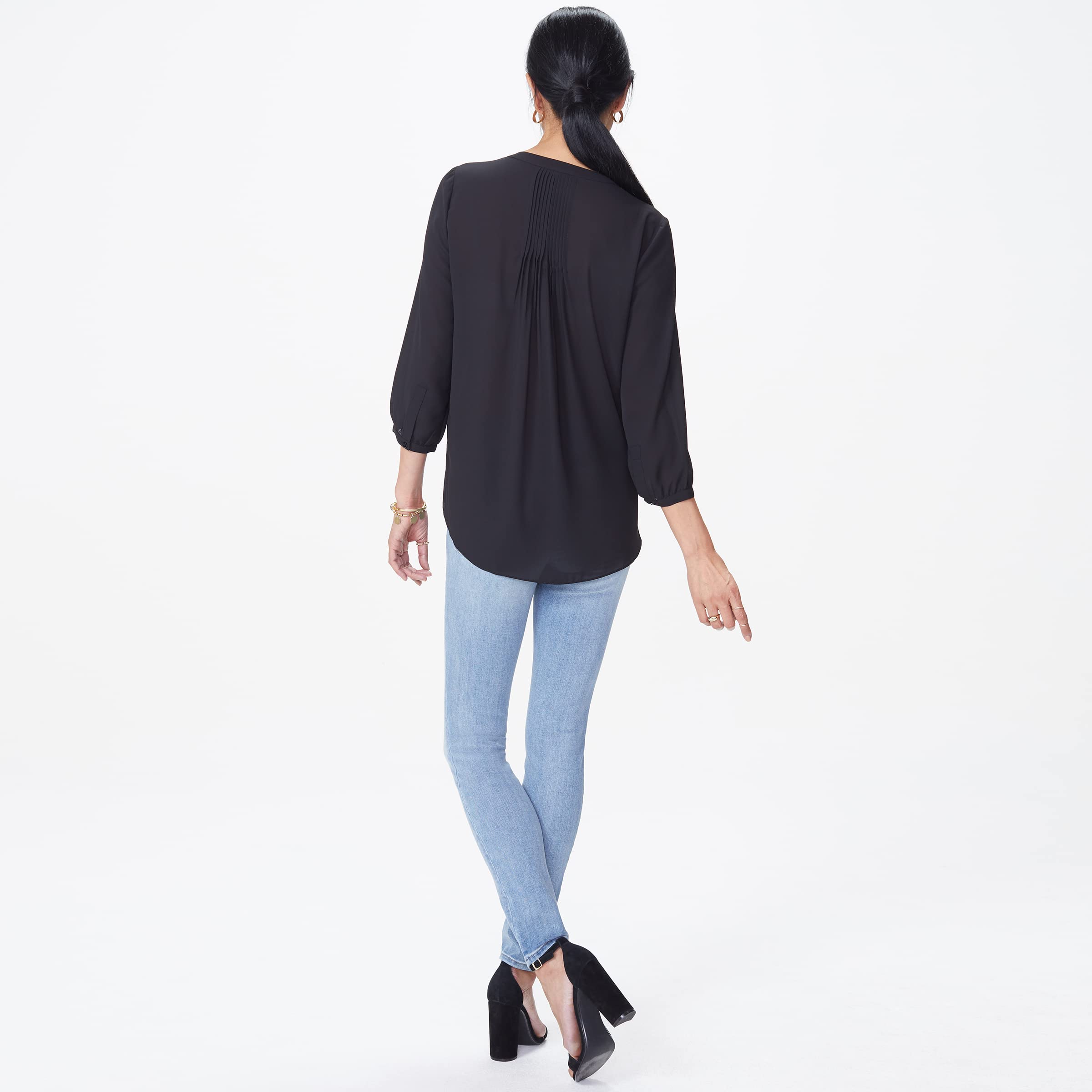NYDJ Petite Damenbluse mit 3/4-Ärmeln, Biesenbluse, Größe