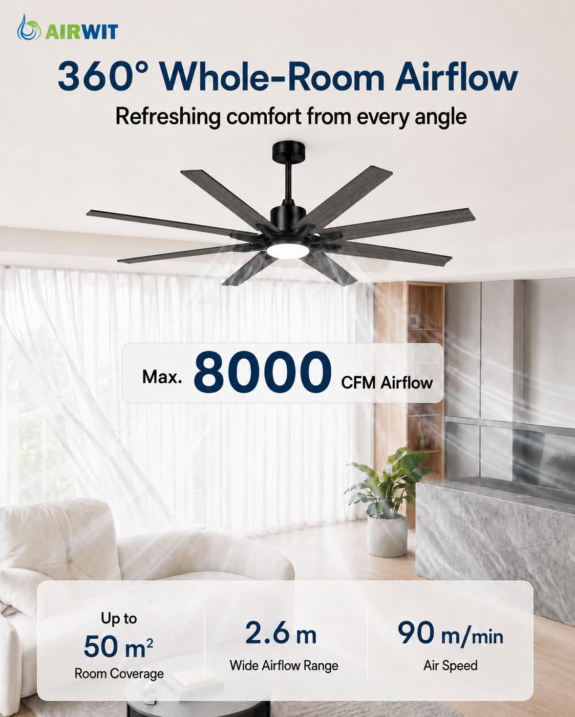 Airwit 183cm Ventilador de Techo con Luz Extra Grande, Lámpara Ventilador de Techo con Mando, Aspas Reversibles, Silencioso, Diseño Industrial para Salón Grande, Dormitorio y Terraza Cubierta