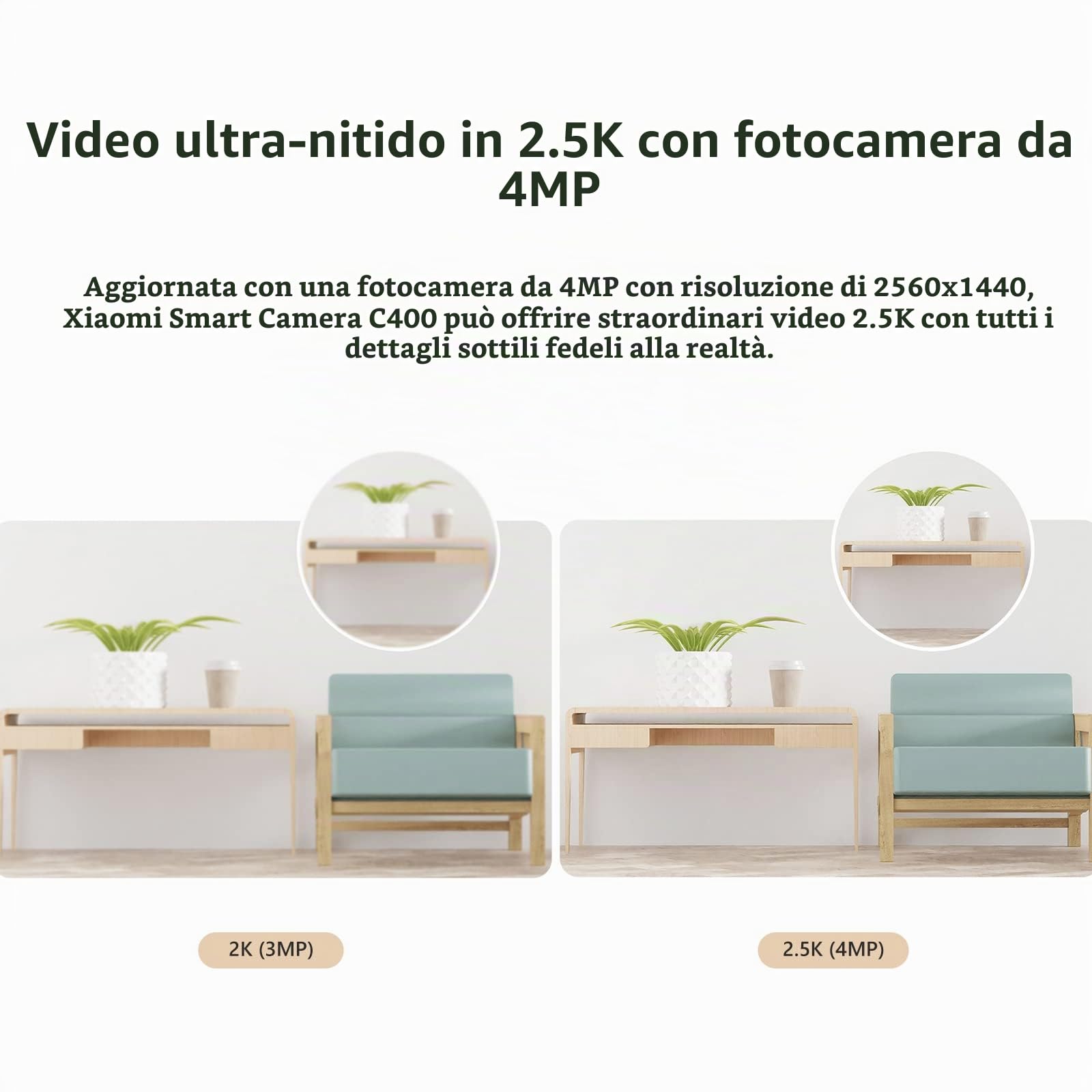 Xiaomi Smart Camera C400 Telecamera wifi interno, 2.5K Videocamera di Sorveglianza, 4MP Telecamera con Rilevamento Umano, Audio Bidirezionale & Visione Notturna, 2.4GHz, Compatibile con Alexa