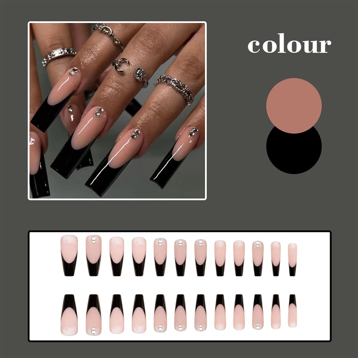 Uñas postizas largas a presión, estilo ataúd, francés, cobertura completa, bailarina, punk, uñas postizas acrílicas con diamantes de imitación para mujeres y niñas, 24 unidades
