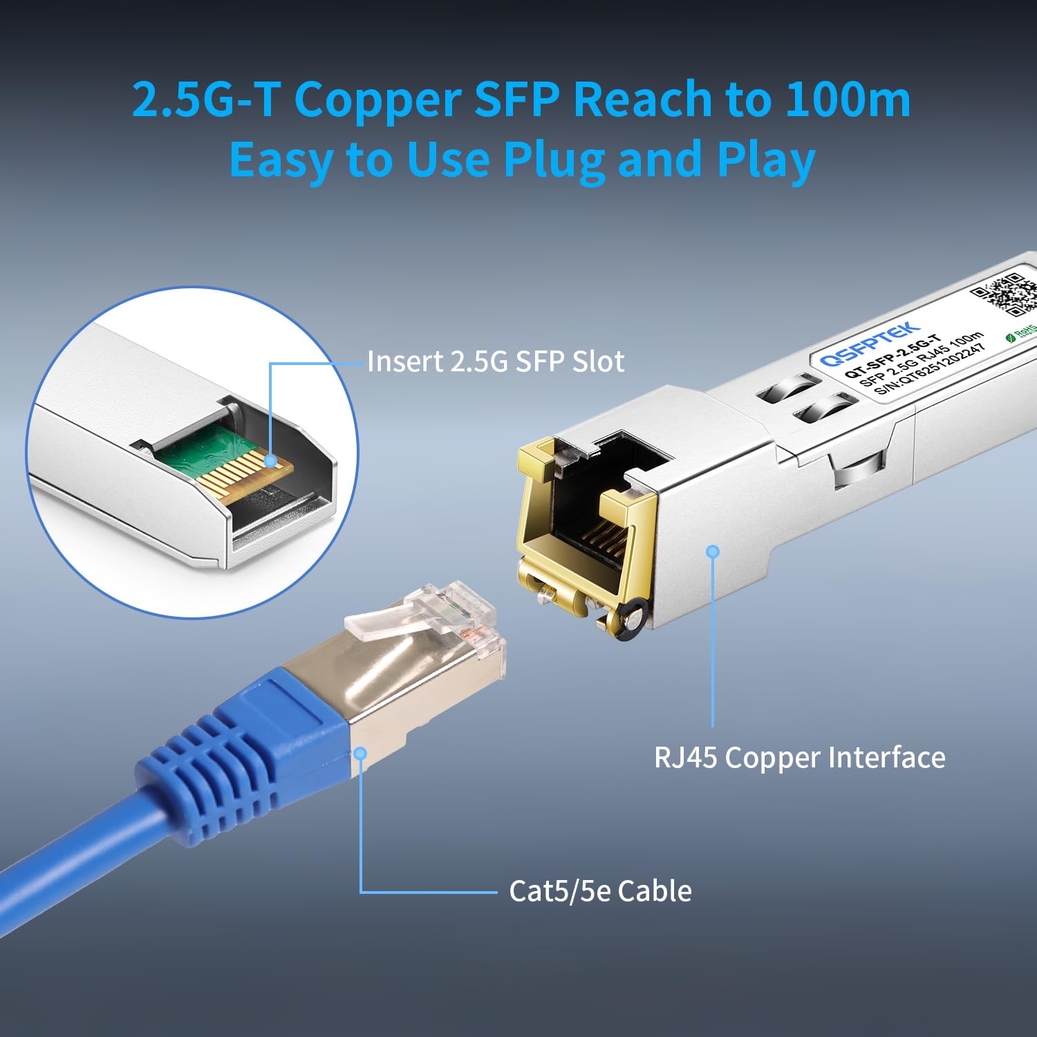 QSFPTEK 2.5GBASE-T SFP a RJ45 Modulo, 2.5G Ricetrasmettitore Mini-GBIC Compatibile per Cisco SFP-2.5G-T, Ubiquiti, MikroTik, TP-Link Switch or Router, fino a 100m (Supporta solo la porta SFP 2.5G)