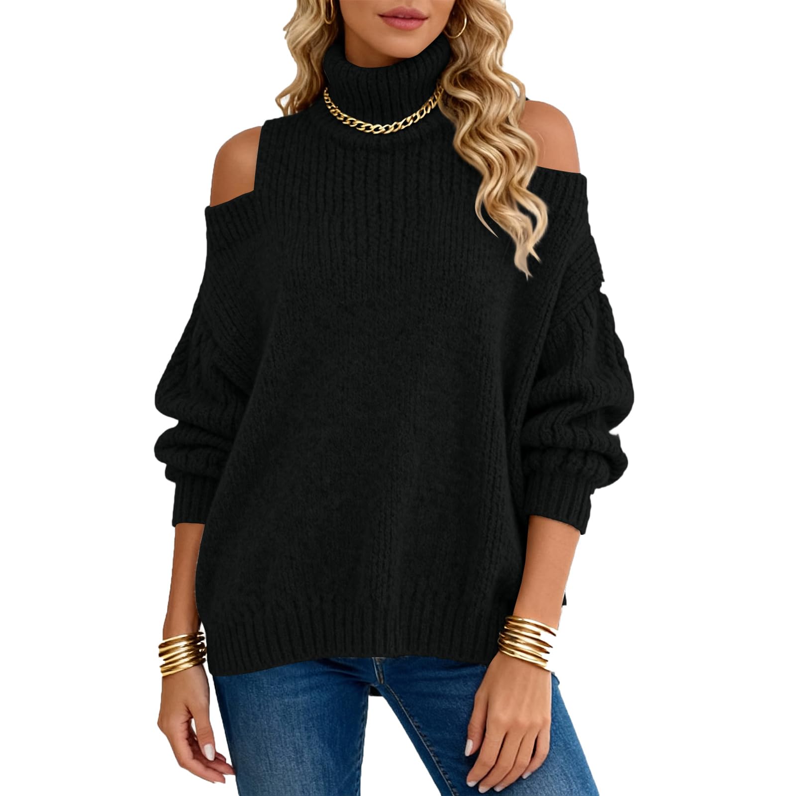 Oversized Turtleneck Sweater Women Trendy Mock Neck Knit Cold Shoulder Sweater Loose Long Sleeve Winter Sweaters Tops
