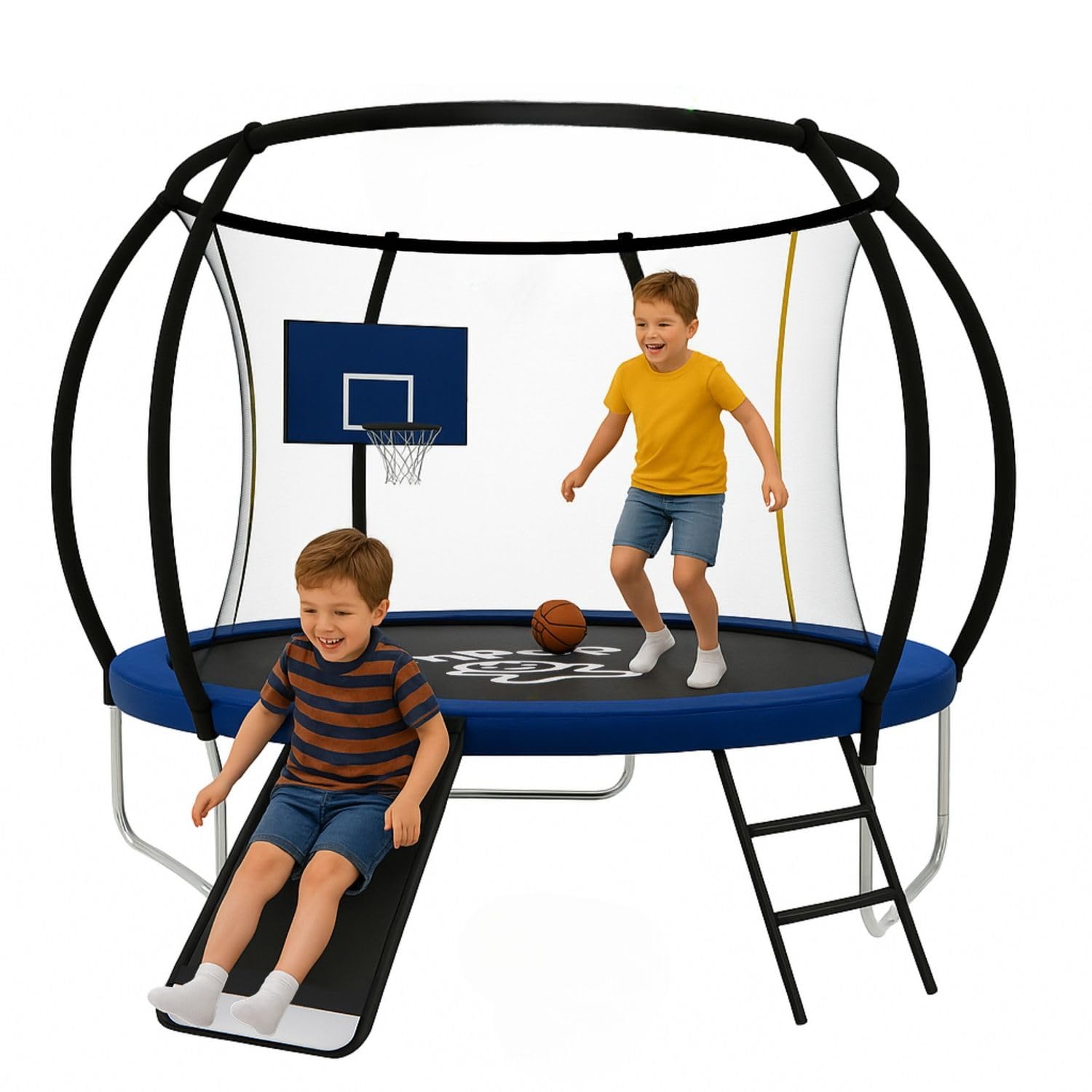 JumPop® Trampolines para Niños en 183/244/305cm con Tobogán de Regalo + Canasta y Pelota de Basket | Camas Elásticas para Niños Exteriores con Vídeo QR incluído de Montaje