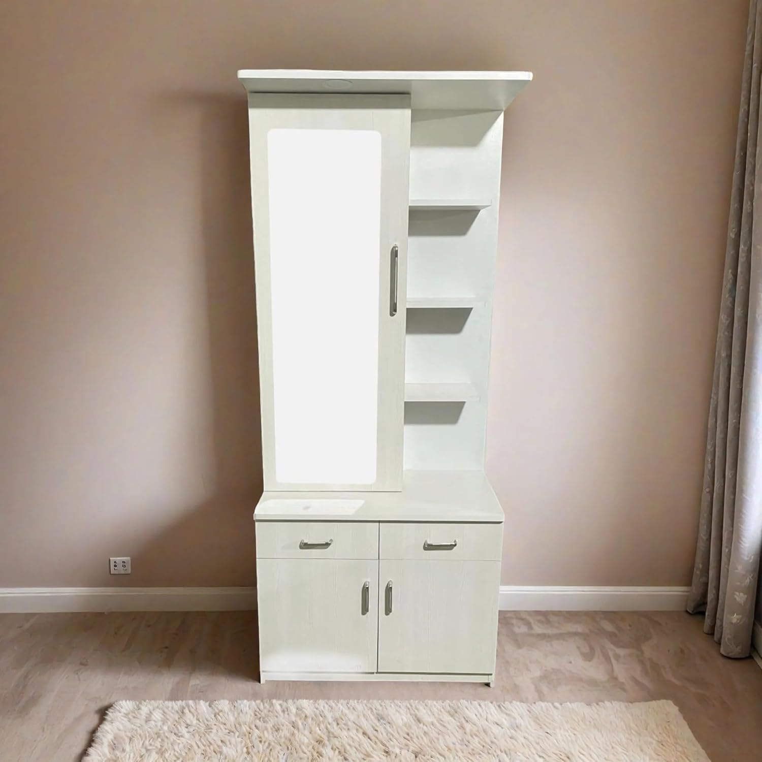 CASPIAN Furniture Super White Engineered Wood Dressing Table with Storage Space, 2 Drawers, Perfume Organizer, Open Shelves for showpiece Arrangement and LED Light | Home Organizer | Storage Unit-image-19