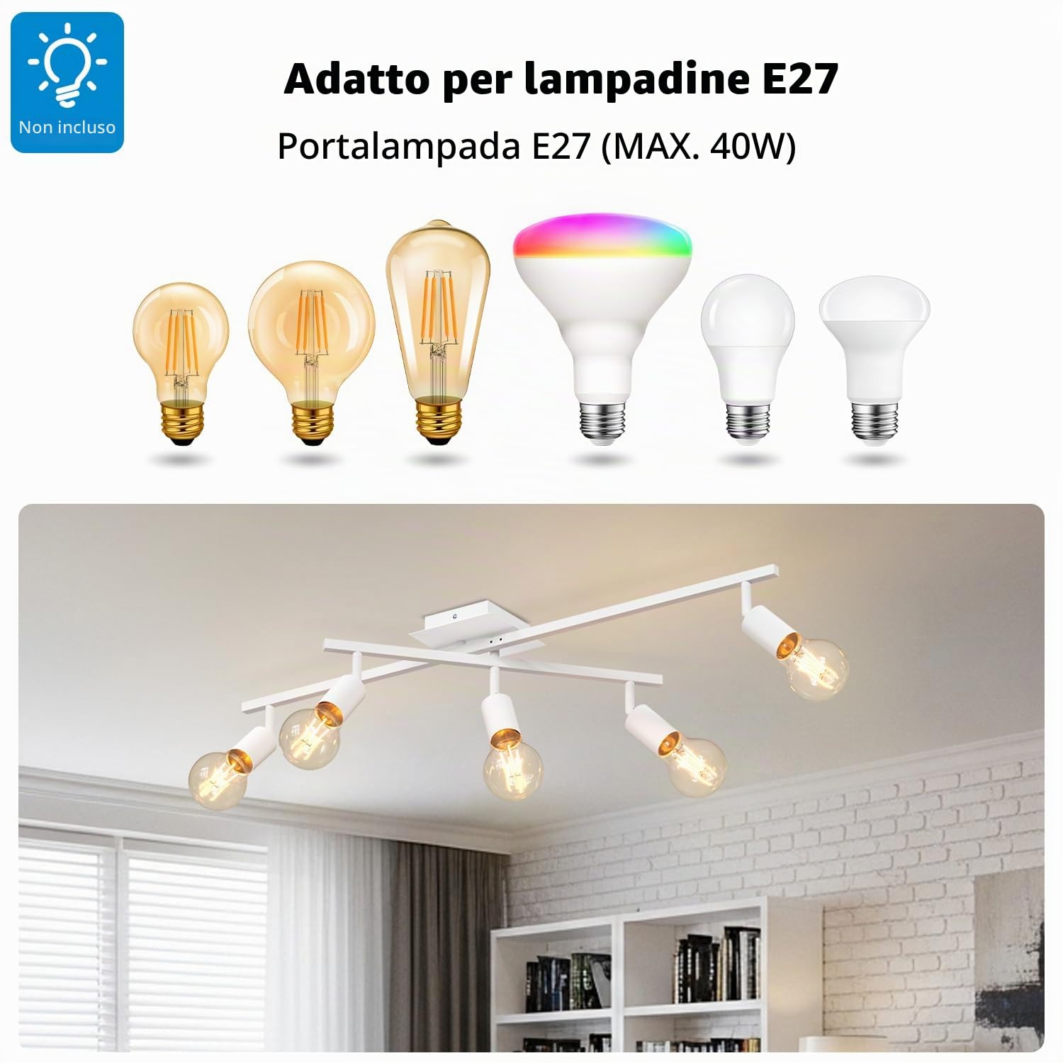 LVWIT Faretti Orientabili Bianco, Faretti Soffitto con 5 Attacco E27, Faretto da Interno Moderna, Lampadario Faretti per Barra, Salotto, Cameretta, Cucina,Corridoio Illuminazione (Senza Lampadina)