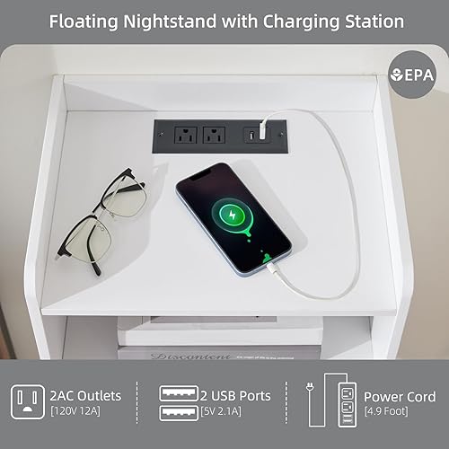 Miniatura 4 de Moderna mesita de noche flotante acanalada montada en la pared, juego de 2 mesitas de noche con cajón de almacenamiento y estante de exhibición,