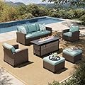 HERA'S HOUSE Patio Furniture Set with Fire Pit, 6 Pieces Outdoor Wicker Furniture, All Weather Patio Conversation Sets with Thick Cushions for Lawn Backyard, Brown/Blue