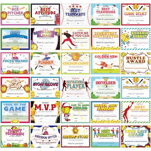 Fuyoooo 60 Pcs Sports Achievement Award Certificates Baseball Football Soccer Softball Basketball Certificates of Achievement for Encouraging Team Gift(Softball)