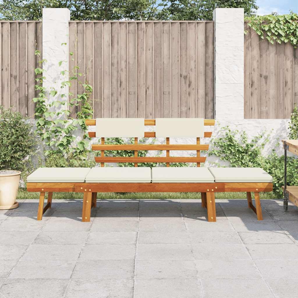 Ławka ogrodowa 2 w 1, leżak z tapicerką, 190 cm, lite drewno akacjowe, regulowane oparcie, odporna na warunki atmosferyczne, na taras, balkon, składana, z miejscem do przechowywania