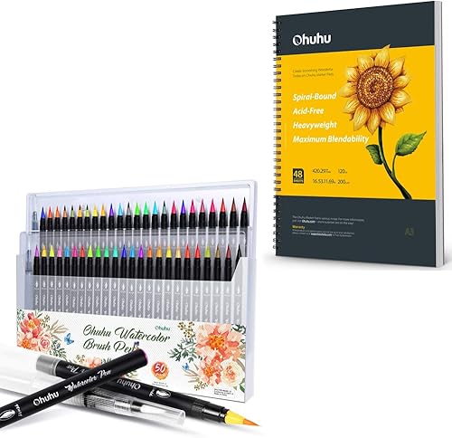 Rotuladores profesionales para acuarela, 48 colores de Ohuhu+Ohuhu Marker Pads Art Sketchbook, 16.5 x 11.7 pulgadas, XL A3, tamaño de papel grande
