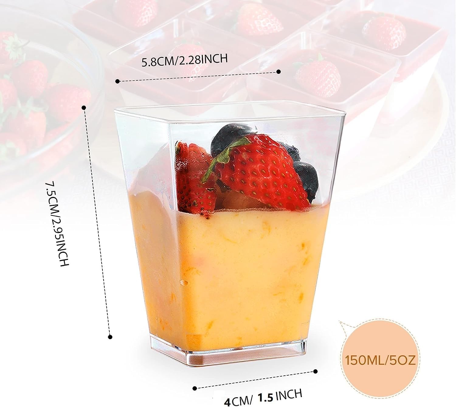 50 bicchieri da dessert quadrati trasparenti con coperchio e cucchiaio, riutilizzabili, per finger food, mousse, budini, feste, dessert, festa del papà, giorno del Ringraziamento,