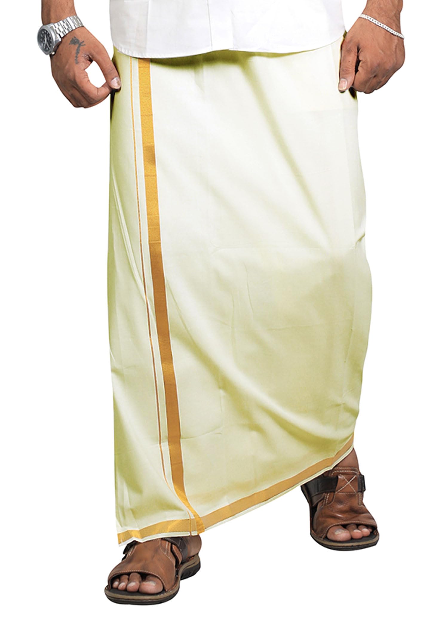 Prakasam Cotton Men's Single Jari Cotton Dhoti (1.28X2.00 Meter) Jari 3/4 Inch (Cream)