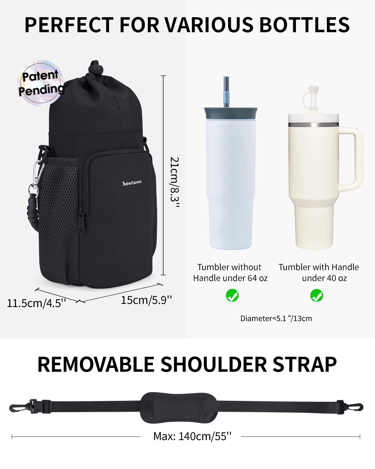 sportsnew Water Bottle Carrier Bag with Phone Pocket for 30/40oz Tumbler with Handle Accessories, 32/40/64 oz Without Handle Insulated Water Bottle Holder with Strap Large Sling Bag Crossbody