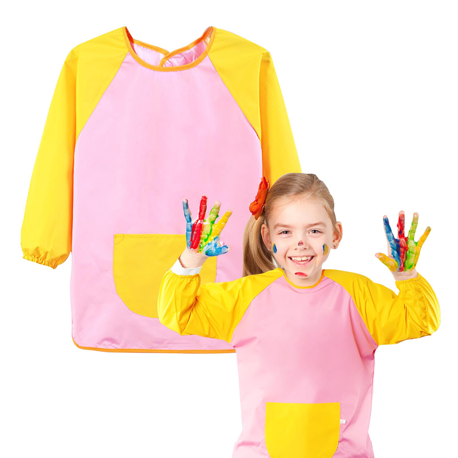 GEBETTER Babi Escolar Infantil, Bata Escolar Niño Niña, Delantal Pintura Guardería Colegio Escuela, Impermeable Manga Larga Bolsillo Tira Espalda, de 7 a 11 Años