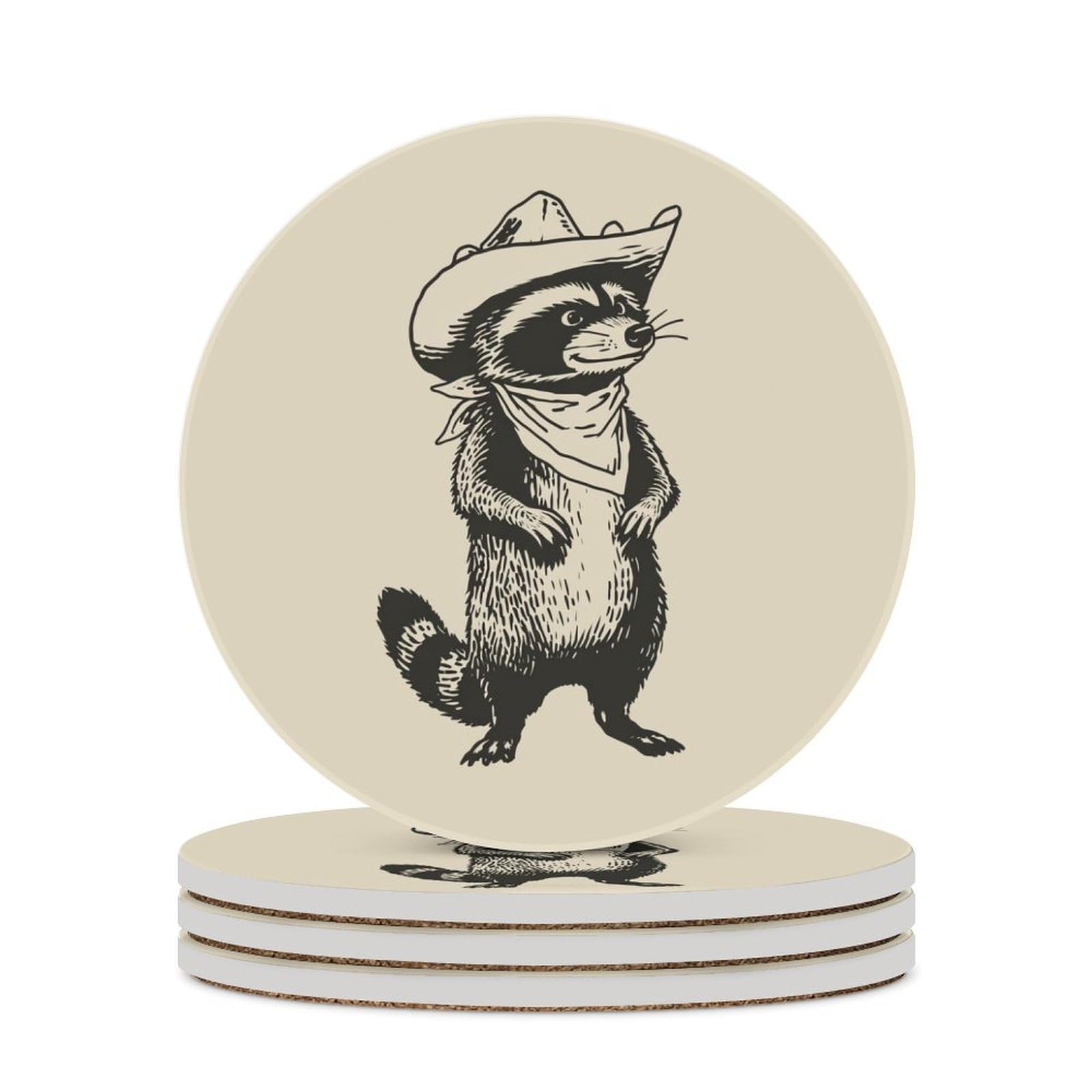 Minimalist Raccoon Wearing Cowboy Hat Coasters Set of 4 Absorbent Coasters