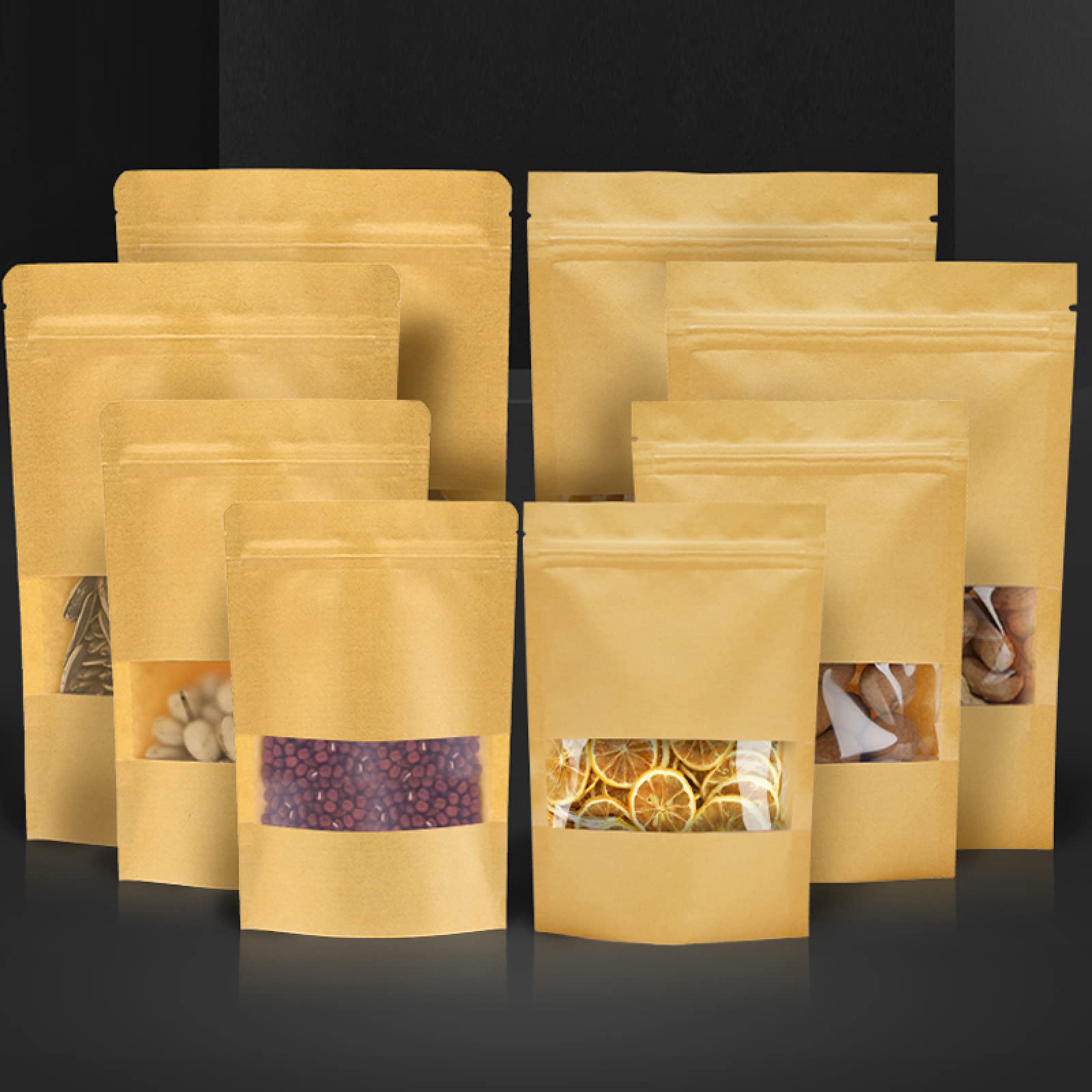 Bolsa de almacenamiento de alimentos Bolsa de papel Kraft biodegradable Stand Up Ziplock Bolsa con ventana transparente Bolsas de regalo reutilizables 50pcs 22X31X5cm