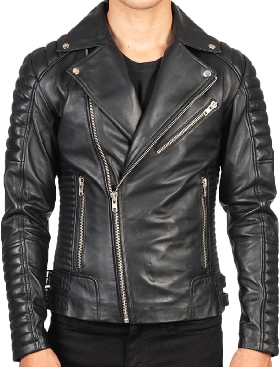 2025-26 Genuine Leather Biker Jacket for Men - 100% Lambskin Leather Biker Brown Vintage Jacket…
