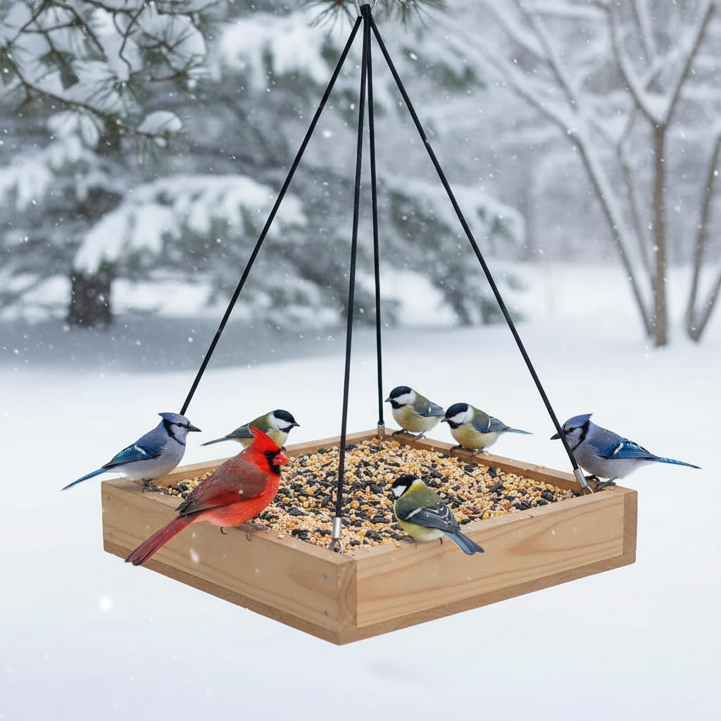 Cedar Wood Platform Tray Bird Feeder 12” - Hanging Bird Feeder for Outside Outdoor - Stainless Steel Cable Mesh Base - Weather Proof Birdfeeder for 10 Years - Longtime Outdoor Lasting Heavy Duty