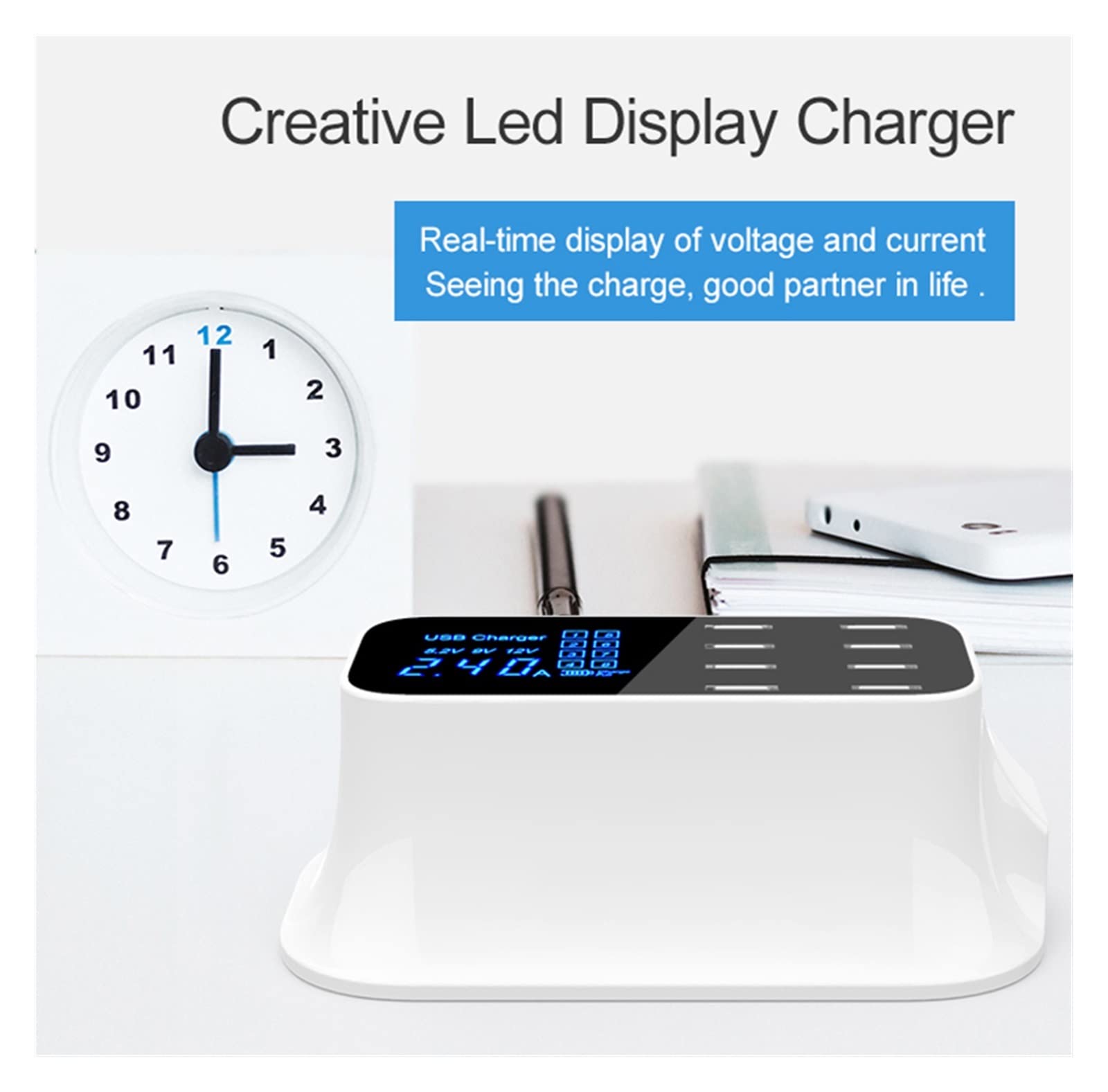 Caricabatterie USB, Display Digitale a 8 Porte Carica Rapida Adattatore di Ricarica Stazione Telefono Cellulare Domestica da Parete Compatibile con Il Caricabatterie Sicuro
