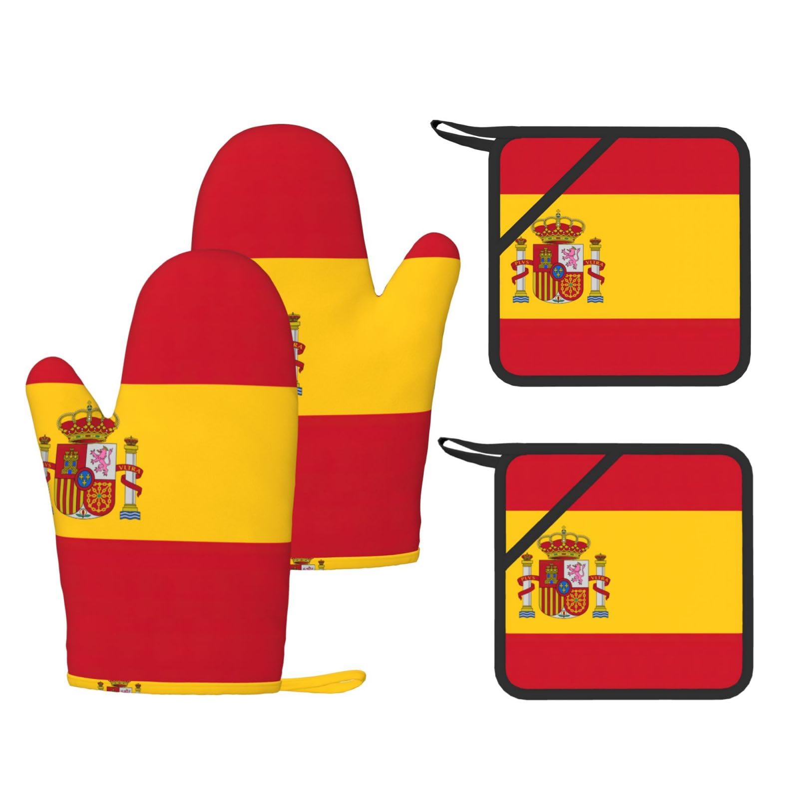Spanish Flag Printed Kitchen Set with Heat Resistant Oven Gloves & Non-Slip Pot Holders for Daily Cooking