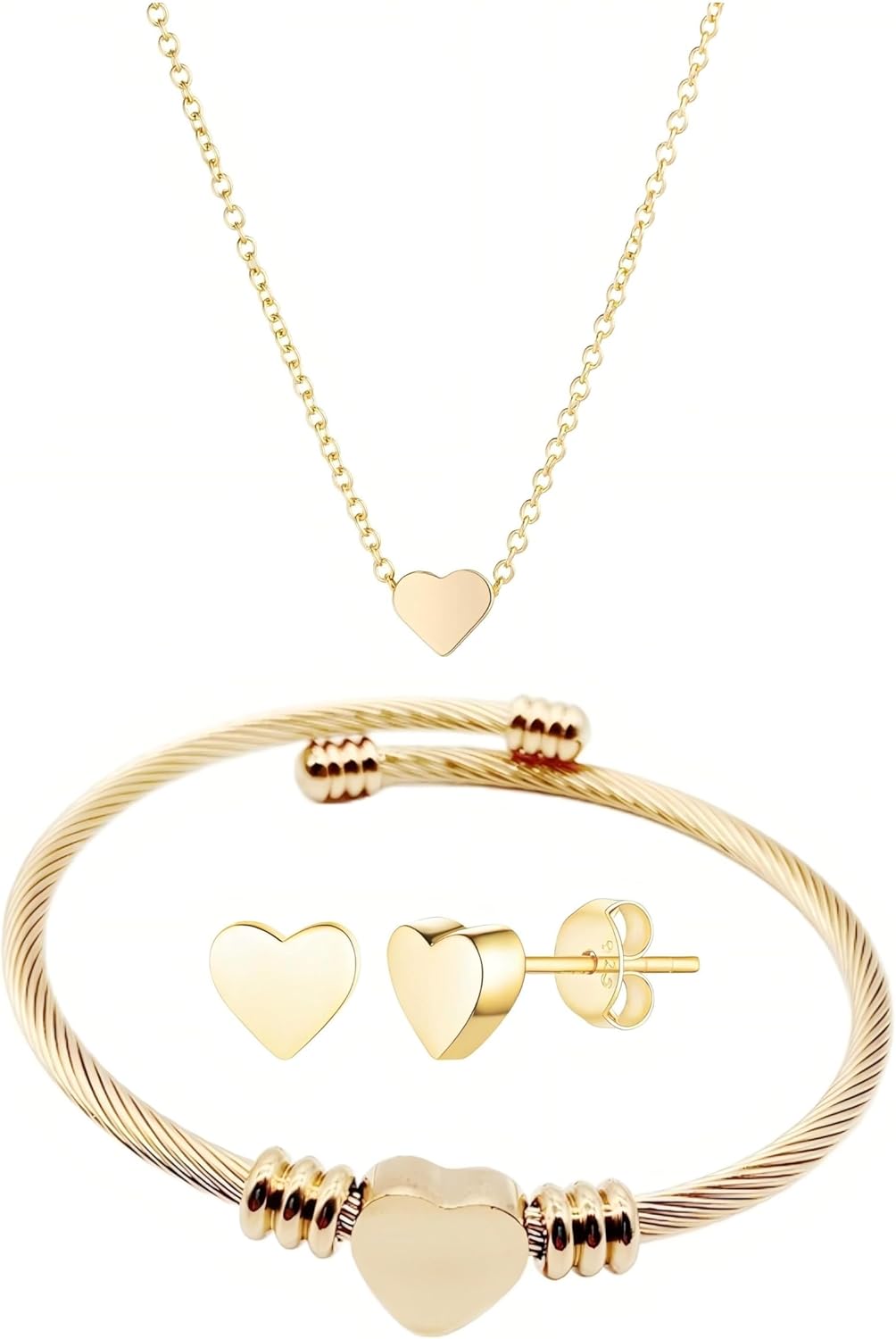 3PC Stainless Steel Heart Jewelry Heart Pendant Necklace Spiral Adjustable Bracelet Heart Stud Earrings