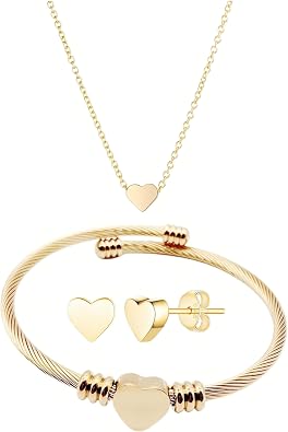 3PC Stainless Steel Heart Jewelry Heart Pendant Necklace Spiral Adjustable Bracelet Heart Stud Earrings