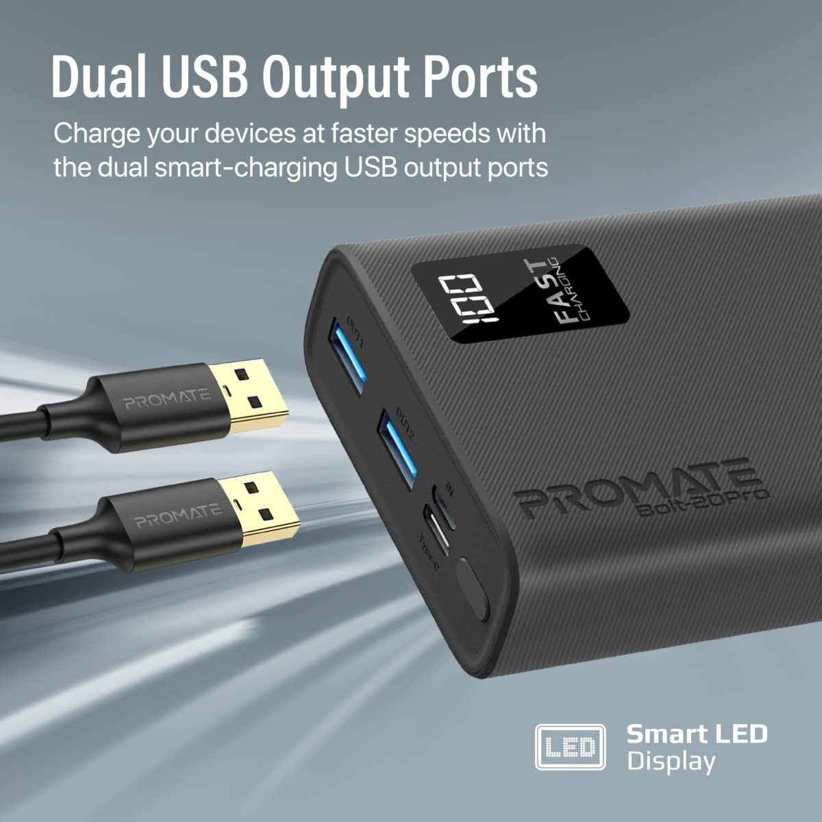 Batería Externa Bolt-20Pro Powerbank Ultra-Slim 20000mAh 3-en-1 Dos Puertos USB-A Puerto USB-C 10W Pantalla LED Inteligente Multiprotección Negro