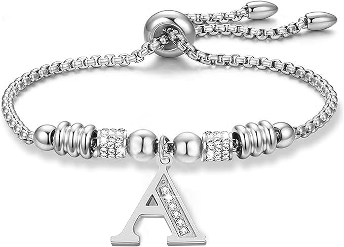 Clepsidra® Pulseras con dije inicial A |Z para mujer, joyeria personalizada con dije de letra para mujer. Brazalete ajustable y resistente de acero inoxidable. Accesorios y regalos para dama ideales para cumpleaños. Jewelry, gift.