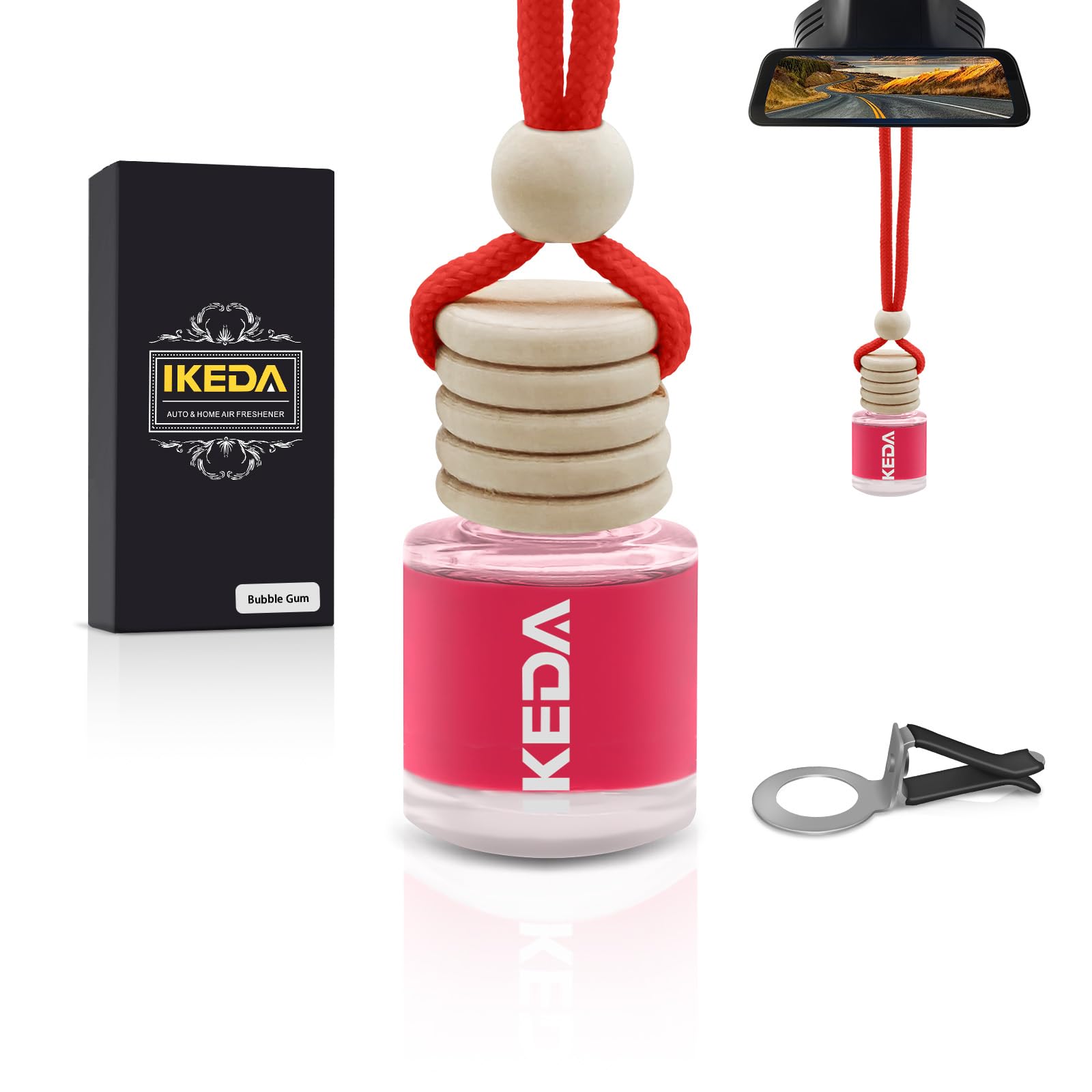 Ikeda Car Air Freshener Hängend, 45 Tage Lang, Mit Clip & Edlem Glas, Fruchtige Düfte (Kaffee, Beeren, Zitrone), Duftbaum für Innenraum, 10ml, Kaugummi Kaugummi 10 ml (1er Pack)