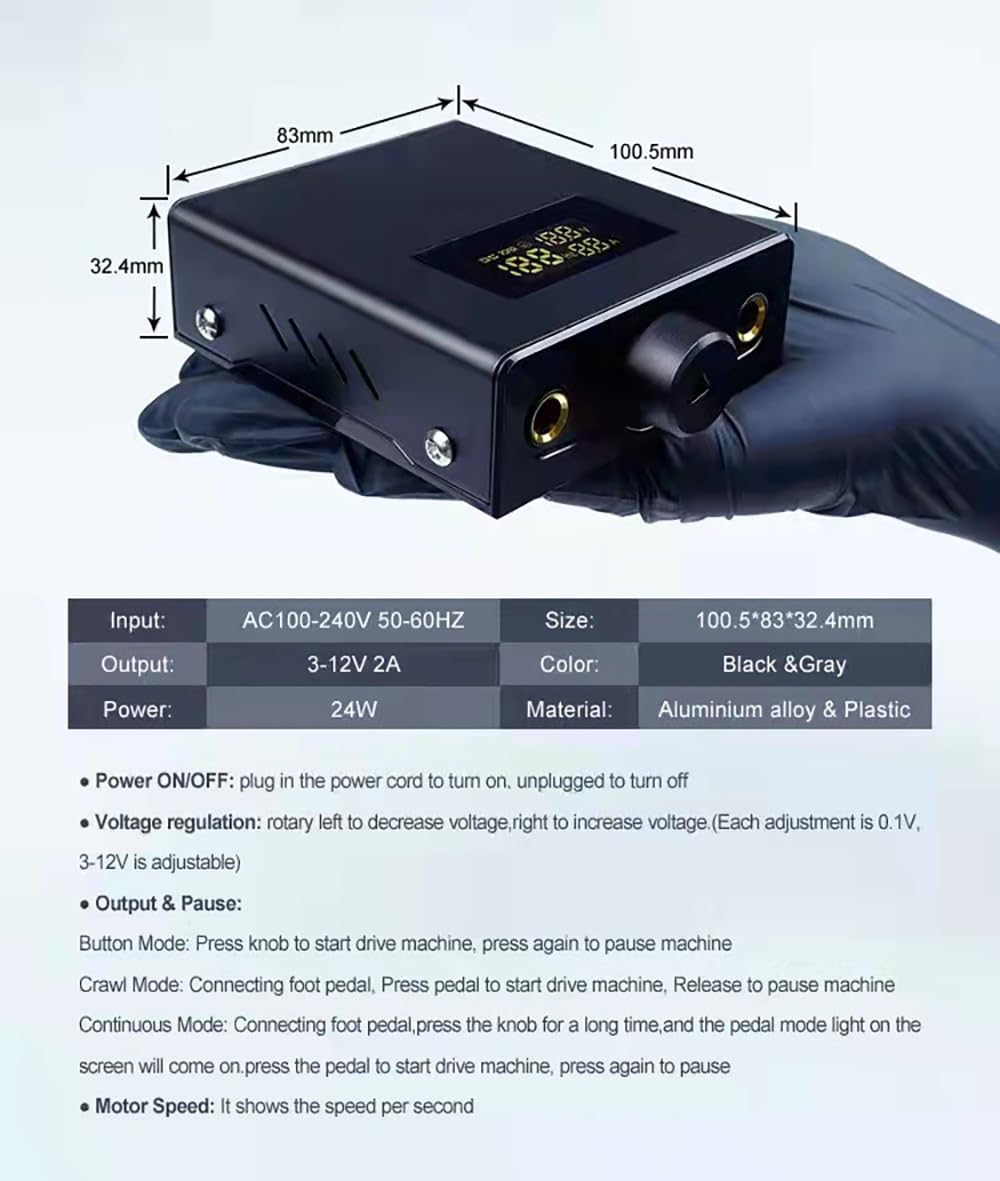 Digital Tattoo Alimentatore per la penna rotante - Mini Power Box professionale con uscita regolabile 3-12 V, display a velocità LCD, 3 modalità di lavoro