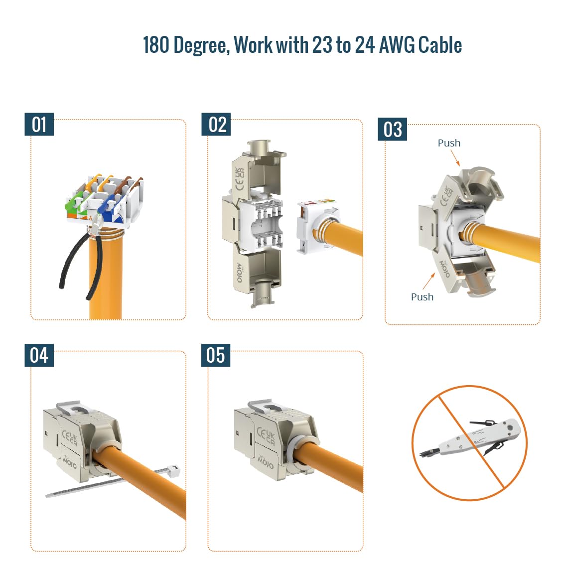 Tecmojo 24× CAT6A STP ekranowany Moduł Keystone RJ45, 10 Gigabit, AWG 22-24, beznarzędziowe gniazdo montażowe do kabla LAN, panelu krosowego i gniazda sieciowego, 24 sztuki, Srebrny