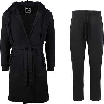 DudeRobe Mens Black L/XL Hooded Robe & L/XL Sweatpants Straight Leg & Open Bottom, from Shark Tank! Comfy & Absorbent Cotton Robe for After Shower, Sweatpants for Lounging