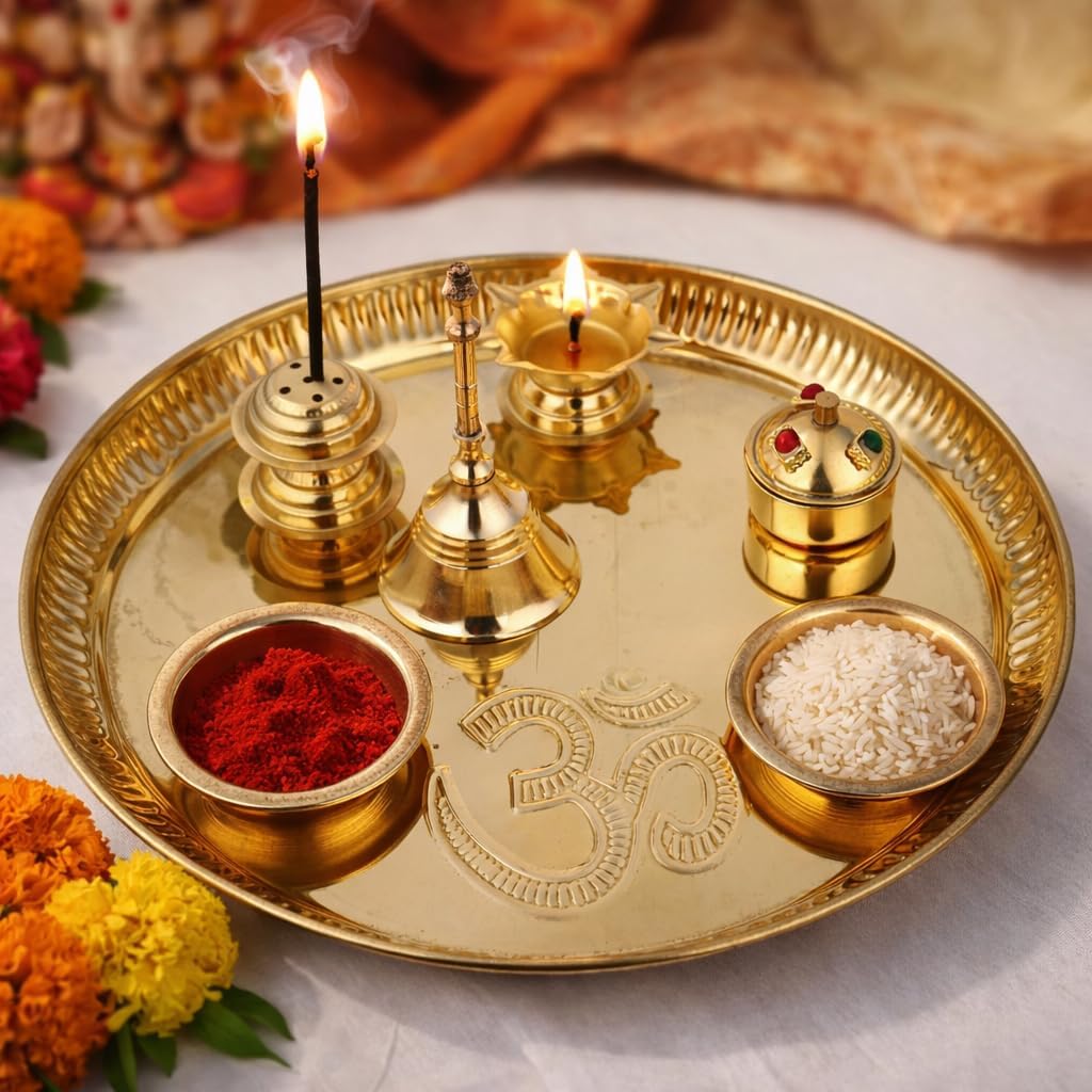 Hashcart Brass Puja Thali Set (8.75 inch) Pooja Thali Aarti Thali with Diya, Agarbatti Holder and Other Accessories, Religious Spiritual for Home Mandir Temple Diwali Gift