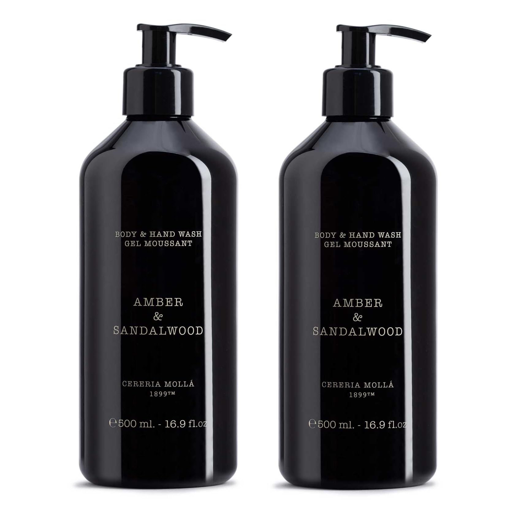 CERERIA MOLLA Flüssigseife 2x500ml Seife & Duschgel Spanien Body & Handwash Gel Moussant (Amber & Sandalwood)