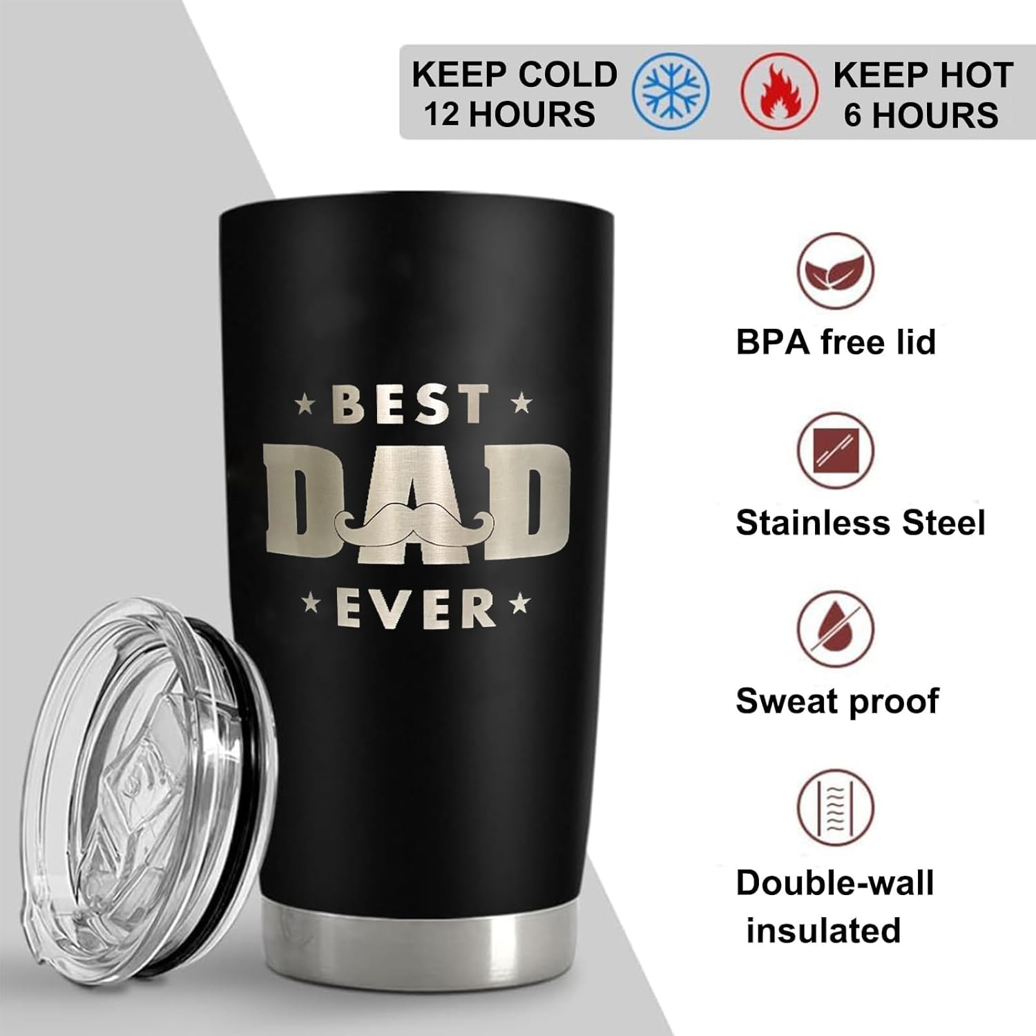 Best Dad Ever Tumbler for Men, 20 oz Stainless Steel Insulated Coffee Cup Double Wall Travel Mug with Lid, Dad Gifts for Father's Day Birthday - Image 5