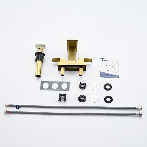 Miniatura 6 de J-HVA Grifo de baño de cascada de oro cepillado con drenaje emergente, 2 manijas de 4 pulgadas, grifo central para lavabo de baño